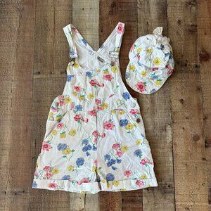 Vintage Overalls & Hat Set For Girls Floral Print White Pink Yellow Blue Size 12